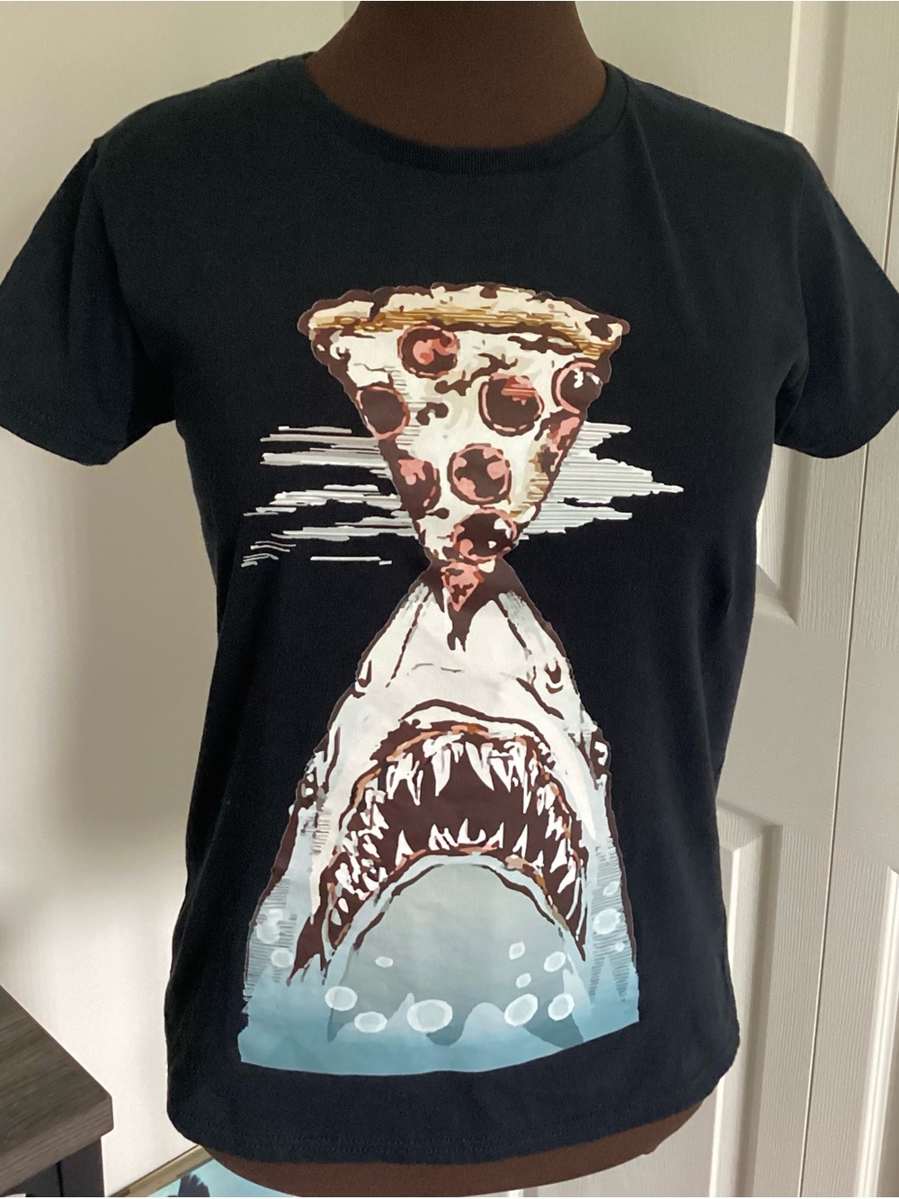 Gildan Black Graphic Tee with Multi-Color Pizza and Shark Art